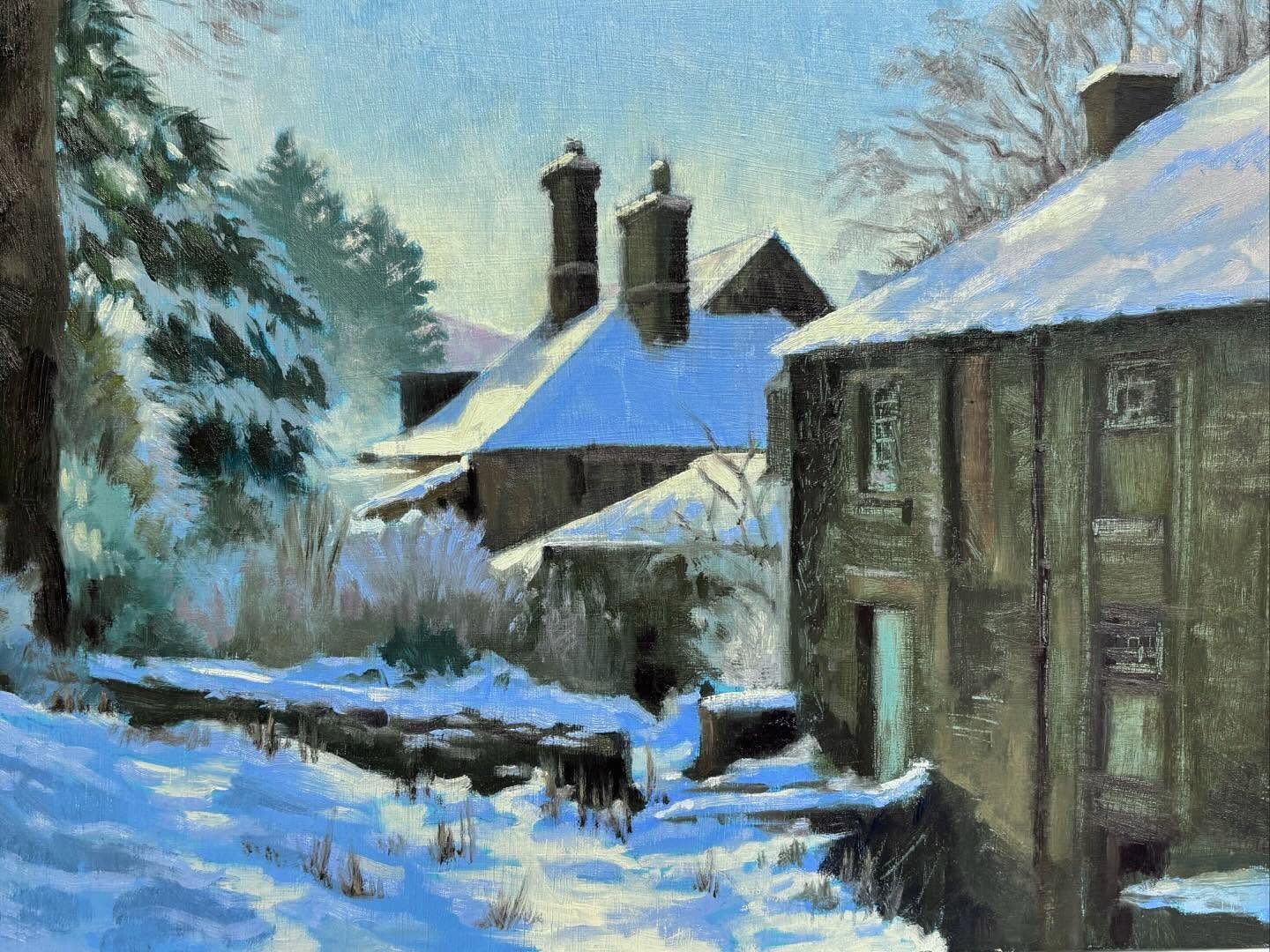 Oil painting of a snowy Derbyshire landscape with evergreen trees to the left and Bowden Hall to the right.