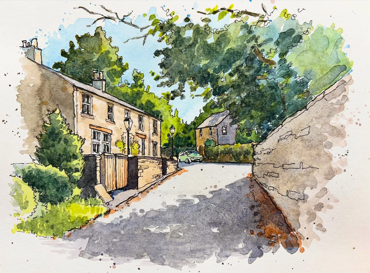 Watercolour sketch of The Paper Mill Inn pub in Chinley, Derbyshire with a large overhanging tree casting a shadow on the road.
