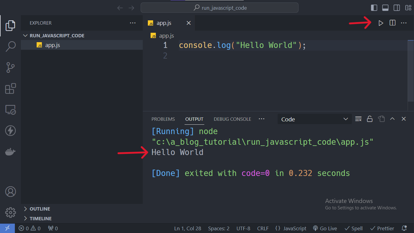 javascript file open in vs code