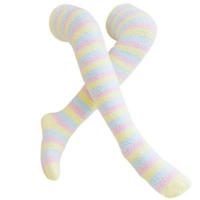 Over Knee High Stockings Stripes Fuzzy Socks Coral Velvet Thigh High Stockings for Girls Women
