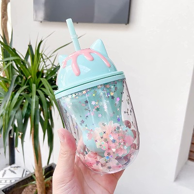 8.5 oz Kawaii Water Bottle with Straw, Lovely Double Wall Tumbler with Lid and Straw,Cute Ice Cream Acrylic Water Cup,Double Walled Insulated Plastic Tumblers Insulated Cup Creative Gift (Green)