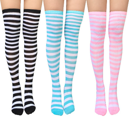 Chalier Womens Knee-High Socks Stretchy Striped Stocking Thigh High Socks 3 Pairs, One Size, Grey/Black/White