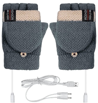 USB Heated Gloves, Unisex Winter Hands Warm Gloves Washable Full  Half Heated Fingerless Hands Warmer Knitting Heating Laptop Gloves Mittens for Men's Women's Gift (Grey-1)