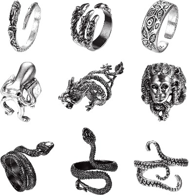 CASSIECA 14 st. vintage punk ringar för dam dam coola justerbara ringar set orm tiger drake skalle ringar gotiska smycken