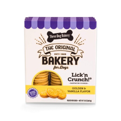 Three Dog Bakery Lick'n Crunch Sandwich Cookies, Golden  Vanilla Flavor, Premium Treats for Dogs, 13 and 8 Ounces
