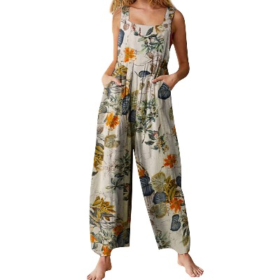 Casual Summer Overalls for Women Boho Vintage 90s Girls Floral Print One Piece Rompers Jumpsuits Playsuits&Pocket