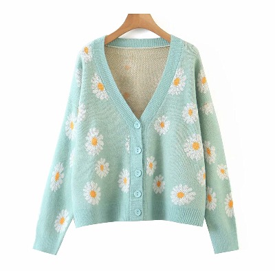 Women Y2K Floral Print Knit Cardigan Sweater Long Sleeve V Neck Button Down Sweater Vintage Aesthetic 90s Outerwear Tops