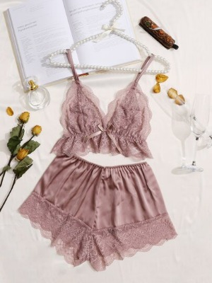 Contrast Lace Trim Cami Top With Shorts PJ Set