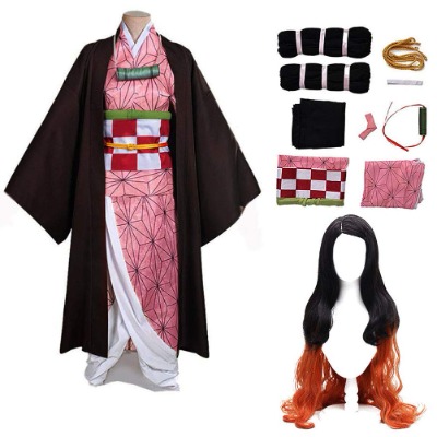Kamado Cosplay Costume Outfit Kimono with Hairwear and Bamboo