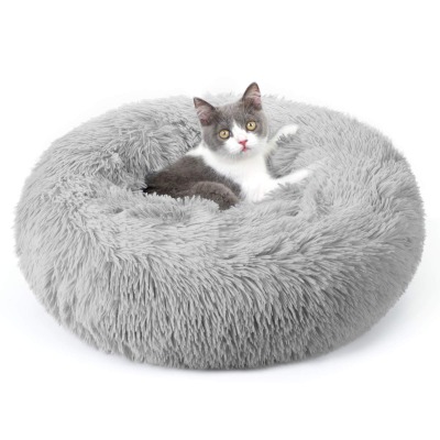 rabbitgoo Cat Bed for Indoor Cats, Soft Plush Donut Cuddler Cushion Pet Bed, Fluffy Round Bed for Improved Sleep, Self Warming Calming Bed for Small Dogs Kittens, Non-Slip, Machine Washable, Light Gray