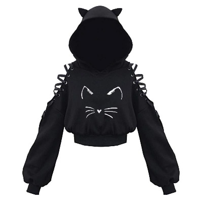 Women's Crop Top Sweatshirt Hoodies with Cute Cat Ear Hooded Shirts Long Sleeve Gothic Lace Up Cold Shoulder Shirts