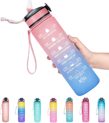 32oz Leakproof BPA Free Drinking Water Bottle with Time Marker & Straw to Ensure You Drink Enough Water Throughout The Day for Fitness and Outdoor Enthusiasts (Ombre-Pink Blue, 32oz)