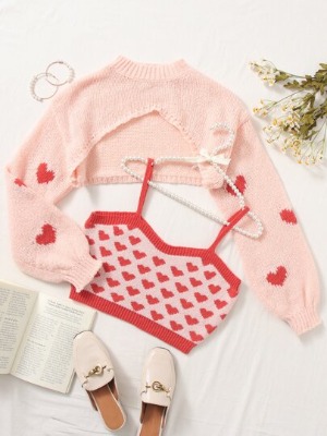 SHEIN Heart Pattern Knit Top & Mock Neck Drop Shoulder Shrug Sweater