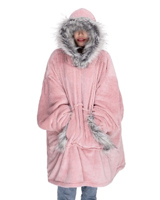 Oversize Teddy Sherpa Cuddly Cosy Sweatshirt Hoodie Double Layer Thermal Giant Blanket with Front Pocket Adults Teens Mens Womens (Blush Pink Fur)