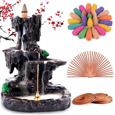 Rongyuxuan Backflow Incense Holder Waterfall Incense Burner, Mountain Tower Censer Aromatherapy Ornament Home Decor with 150 Backflow Incense Cones ,48 Incense Coils,30 Incense Sticks,Mat