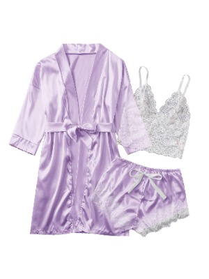 SheIn Women's Sheer Lace Bralette and Striped Shorts Pajama Lingerie Set with Robe