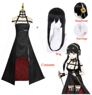 Anime Espía x Familia Yor Falsificador Cosplay Asesino Gótico Halter Anya Madre Negro Vestido Traje Peluca Disfraz