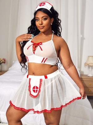 Plus 4pack Lace Up Front Halter V-string Nurse Costume Set