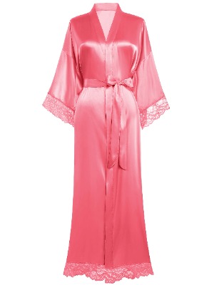 BABEYOND Satin Kimono Robe Long Bridesmaid Wedding Bath Robe with Lace Trim