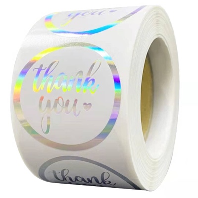 Thank You Stickers White Holographic 1.5 Inch Round Thank You Small Business Stickers, Cute Thank You Label Stickers for Packaging Boxes, Gift Bags, Envelopes Seals, 500 Labels per Roll