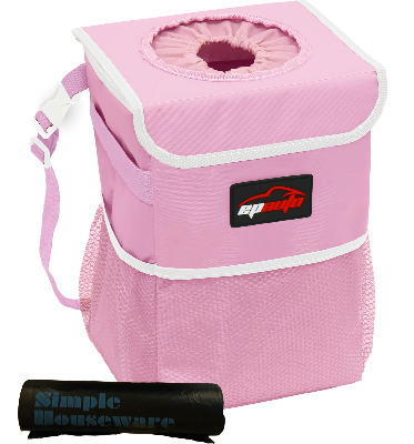 epauto Waterproof Car Trash Can with Lid and Storage Pockets, Pink
