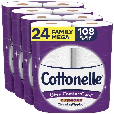 Cottonelle Ultra ComfortCare Toilet Paper with Cushiony CleaningRipples, 24 Family Mega Rolls (4 Packs of 6), 2-Ply Soft Bath Tissue (24 Family Mega Rolls = 108 Regular Rolls)