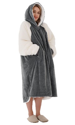 Winthome Oversized Blanket Hoodie Sherpa Wearable Blanket Sweatshirt with Deep Pockets and Sleeves Soft  Warm lounging hoodie for Adults Women and Men (Gray/Beige, XL)