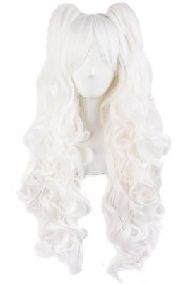 MapofBeauty 28"/70cm Lolita Long Curly Clip on Ponytails Cosplay Wig (White)