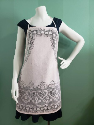 Fine White Lace Apron with Hearts and Flower Pattern Adult Size (Pastel Pink)
