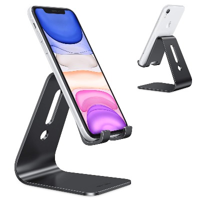 Upgraded Aluminum Cell Phone Stand, OMOTON C1 Durable Cellphone Dock with Protective Pads, Smart Stand Designed for iPhone 11 Pro Max XR XS 8 Plus 7 SE, iPad Mini, Android Phones, Black