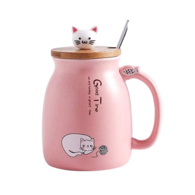 Cat Mug Cute Ceramic Coffee Cup with Lovely Kitty wooden lid Stainless Steel Spoon,Novelty Morning Cup Tea Milk Christmas Mug 380ML