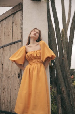 ZOO – Fashion Online |    OIA Two Way Puff Sleeve Midi Dress with Gathered Detail and Square Neckline (Yellow Chambray)