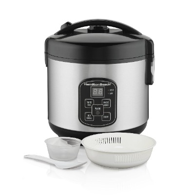 Hamilton Beach Digital Programmable Rice Cooker  Food Steamer, 8 Cups Cooked (4 Uncooked), With Steam  Rinse Basket, Stainless Steel (37518)