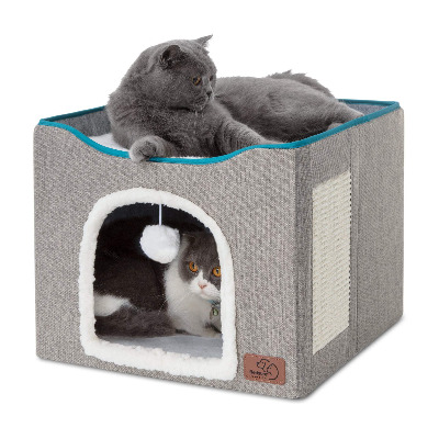 Bedsure Cat Beds for Indoor Cats - Large Cat Cave for Pet Cat House with Fluffy Ball Hanging and Scratch Pad, Foldable Cat Hidewawy,16.5x16.5x14 inches