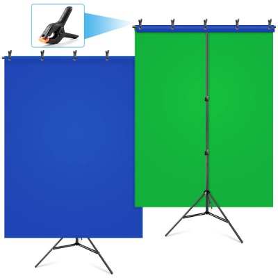 HEMMOTOP Green Screen Backdrop with Stand Kit 5x6.5ft for Zoom, Reversible Blue Screen and Green Screen with Portable T-Shaped Background Support Stand, 5 x Backdrop Clip