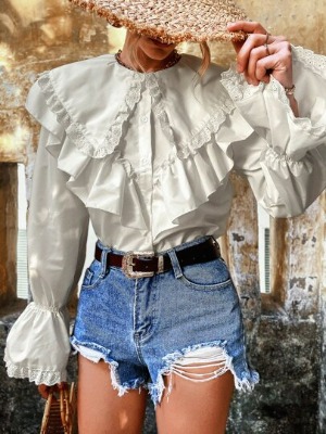 Eyelet Embroidery Ruffle Trim Flounce Sleeve Blouse