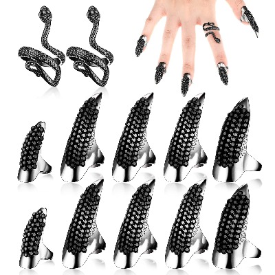 10 Pieces Halloween Punk Finger Claw Ring Bend Fingertip Claw Gothic Fake Nail Ring and 2 Pieces Vintage Snake Ring Adjustable Snake Ring Snake Shaped Finger Ring for Men Women Party Supplies, Black
