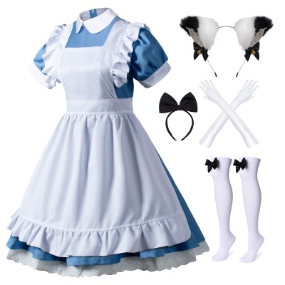 Japanese Anime 6Pcs Lolita French Maid Apron Fancy Dress Cosplay Costume Gloves Headwear Socks Set