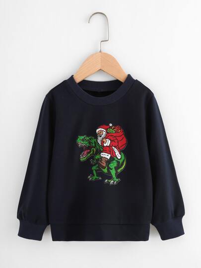 Toddler Boys Christmas Santa & Dinosaur Print Pullover