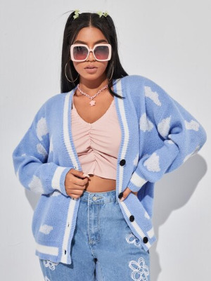 Plus Cloud Pattern Drop Shoulder Button Front Cardigan