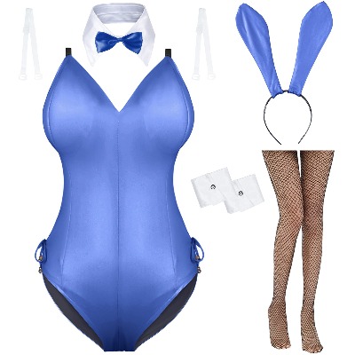 AiMiNa Womens Bunny Girl Senpai Cosplay Anime Role Costume One Piece Bodysuit Removable Padded with Stockings Set
