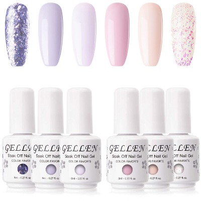 Gellen Gel Nail Polish Set- Rose and Lavenders, Cute Girly Shade, Gentle Pinks Peach Lavender, Popular Solid Glitters Nail Art Colors Home Gel Manicure Kit