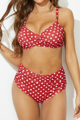 Red Polka Dot Twist Front High Waist Bikini Set