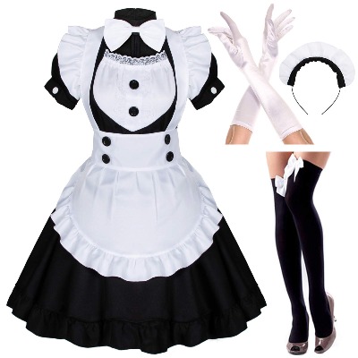 Japanese Anime Sissy Maid Dress Cosplay Sweet Classic Lolita Fancy Apron Maid Dress with Socks Gloves Set