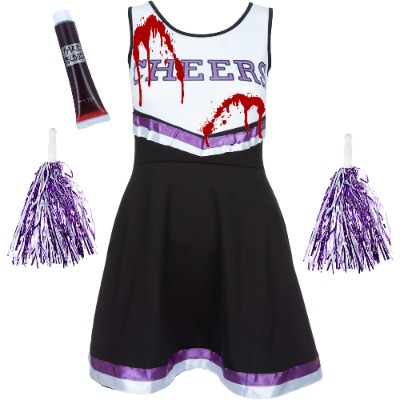 Zombie Cheerleader Costume Outfit with POM POMS - Fancy Dress Costume Sports HIGH School Musical Halloween Outfit - 6 Colours/Size 6-16