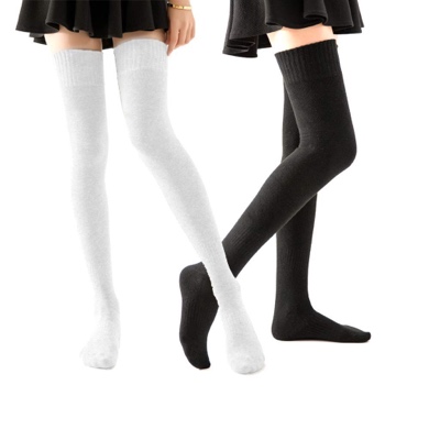Thigh High Socks White Black Cotton Women Over Knee High Boot Stocking