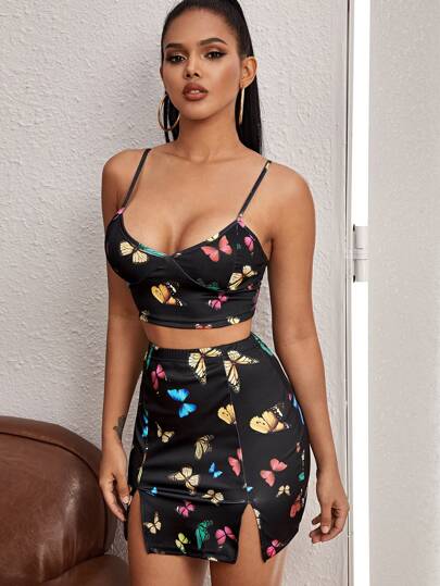 Butterfly Print Cropped Cami Top & Mini Skirt Set