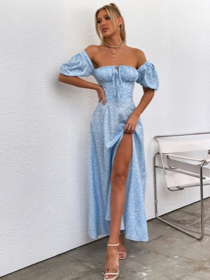 PARTHEA Puff Sleeve High Split Ditsy Floral Print Dress