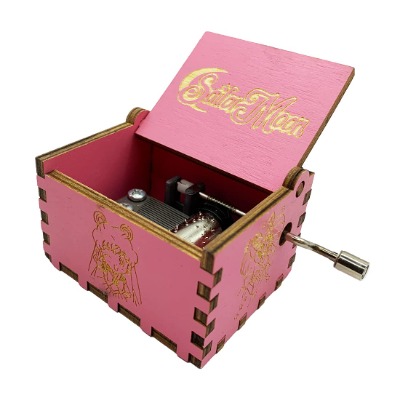 Sailor Moon Music Box Hand Crank Musical Box Carved Wooden,Play Sailor Moon Theme Song,Pink