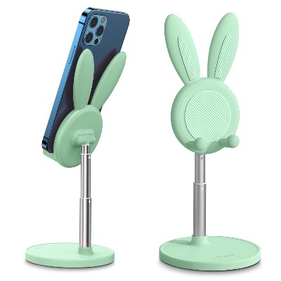 Cute Bunny Phone Stand, Angle Height Adjustable OATSBASF Cell Phone Stand for Desk, Thick Case Friendly Phone Holder Stand, Compatible with iPhone, Kindle, iPad, Switch, Tablets, All Phones (Green)